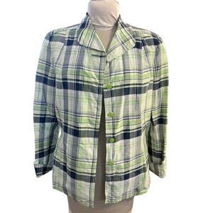 Ellen Tracy 100% Silk Jacket Button Front Green/Blue Plaid Sz. 14